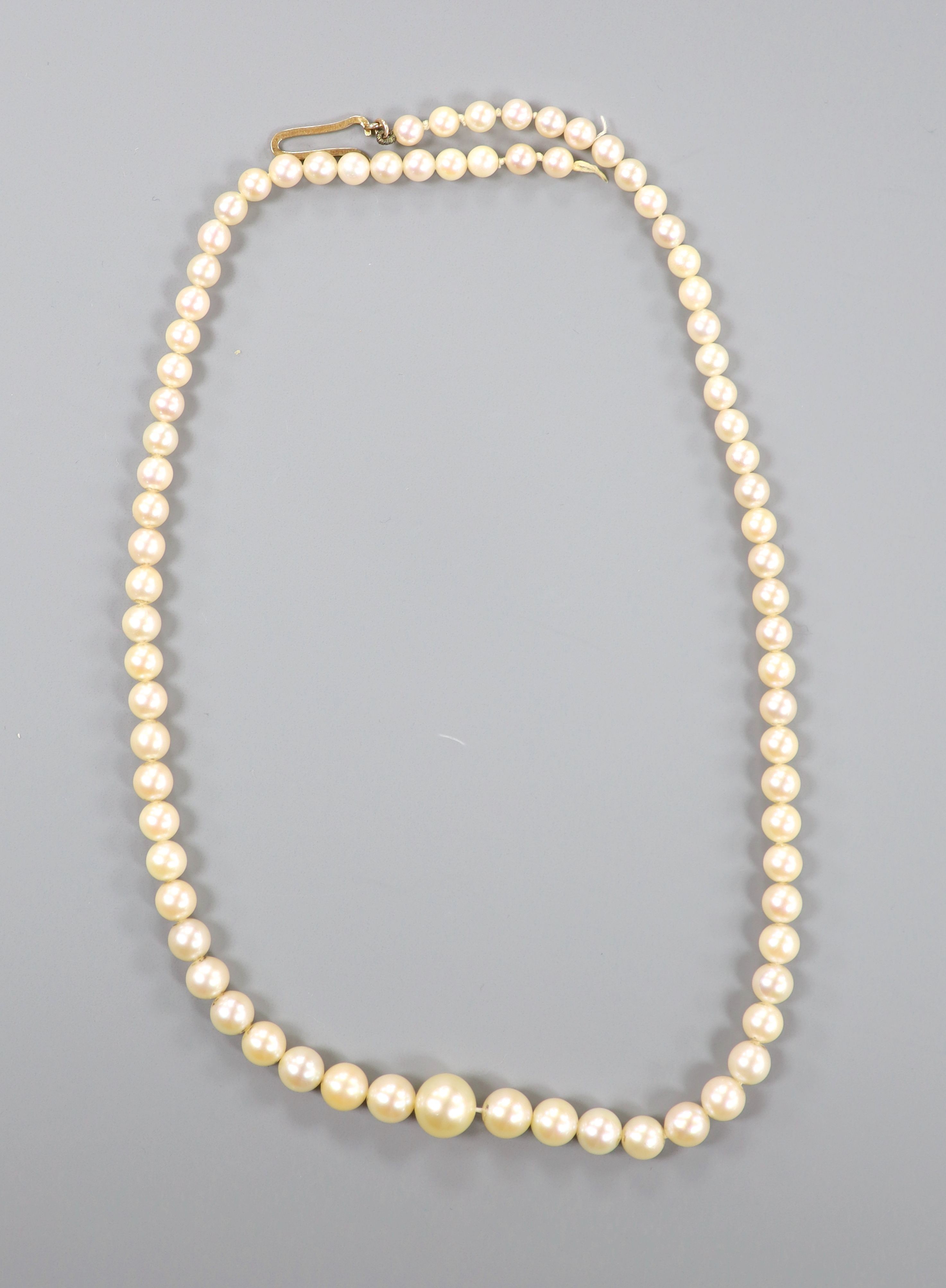 A single strand graduated cultured pearl necklace, with part of a 9ct gold clasp, 43cm.